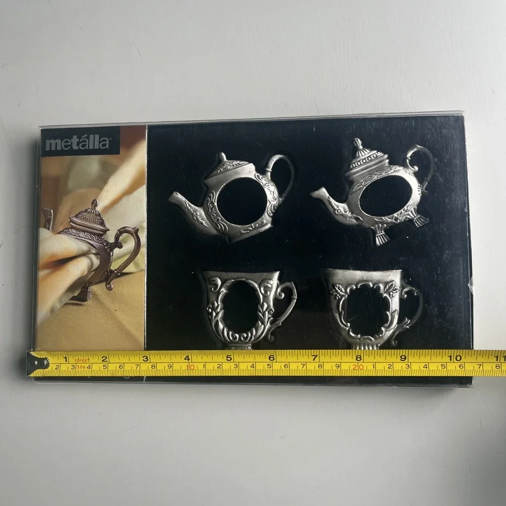 Set Of 4 Metalla Silver Tone Metal Pewter Tea Pot Tea Cup Napkin Rings With Box
